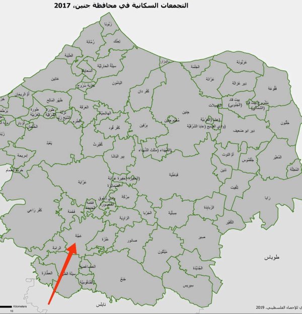 خارطة توضح موقع قرية عجة نقلاً عن الجهاز المركزي للإحصاء الفلسطيني