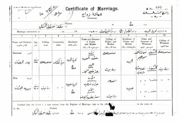 شهادة زواج جاد الرضوان على نبيهة الجداف من الجديدة
