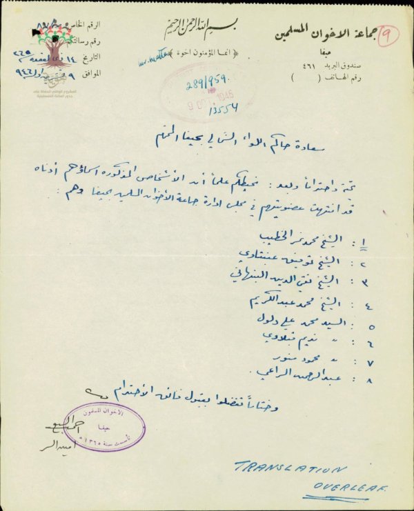 تقي الدين النبهاني والإخوان المسلمين الشيخ تقي الدين النبهاني من مواليد قرية إجزم – قضاء حيفا، أسس حزب التحرير عام 1953، وكان محل اهتمام الكثير من الكتّاب والباحثين لدراسة أفكاره وخلفياته وانتماءاته السياسية قبل تأسيس الحزب. الملفت أن أكثر الكتاب والباحثين أشاروا إلى أن النبهاني كان قريباً من الإخوان المسلمين في فترة من الفترات دون أن يذكروا عضويته في الجماعة، بل إن بعضهم ذهب إلى نفي هذه العضوية بشكل قاطع. الوثائق تشير إلى أنه كان عضواً في الجماعة بل عضواً في مجلس الإدارة للجماعة في حيفا، وذلك من خلال رسالة رسمية من الإخوان المسلمين في حيفا، موقعة من أمين السر أحمد السبع، تنصّ على انتهاء عضوية عدد من الأشخاص في مجلس إدارة الجماعة عام 1946ومن بينهم الشيخ تقي الدين النبهاني: هوية