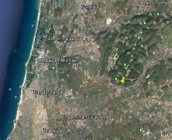 صورة مأخوذة من خرائط غوغل تظهر موقع قرية السنديانة نقلاً عن موقع هوية